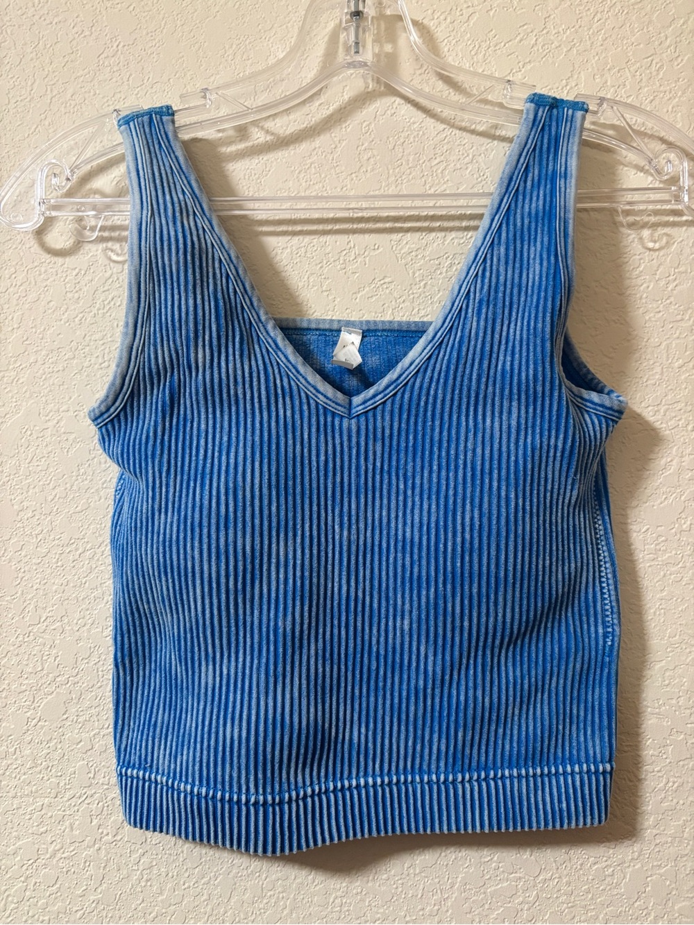 Zenana Outfitters Blue Ribbed V-Neck Bralette Tank Brami Mineral Wash Padded
